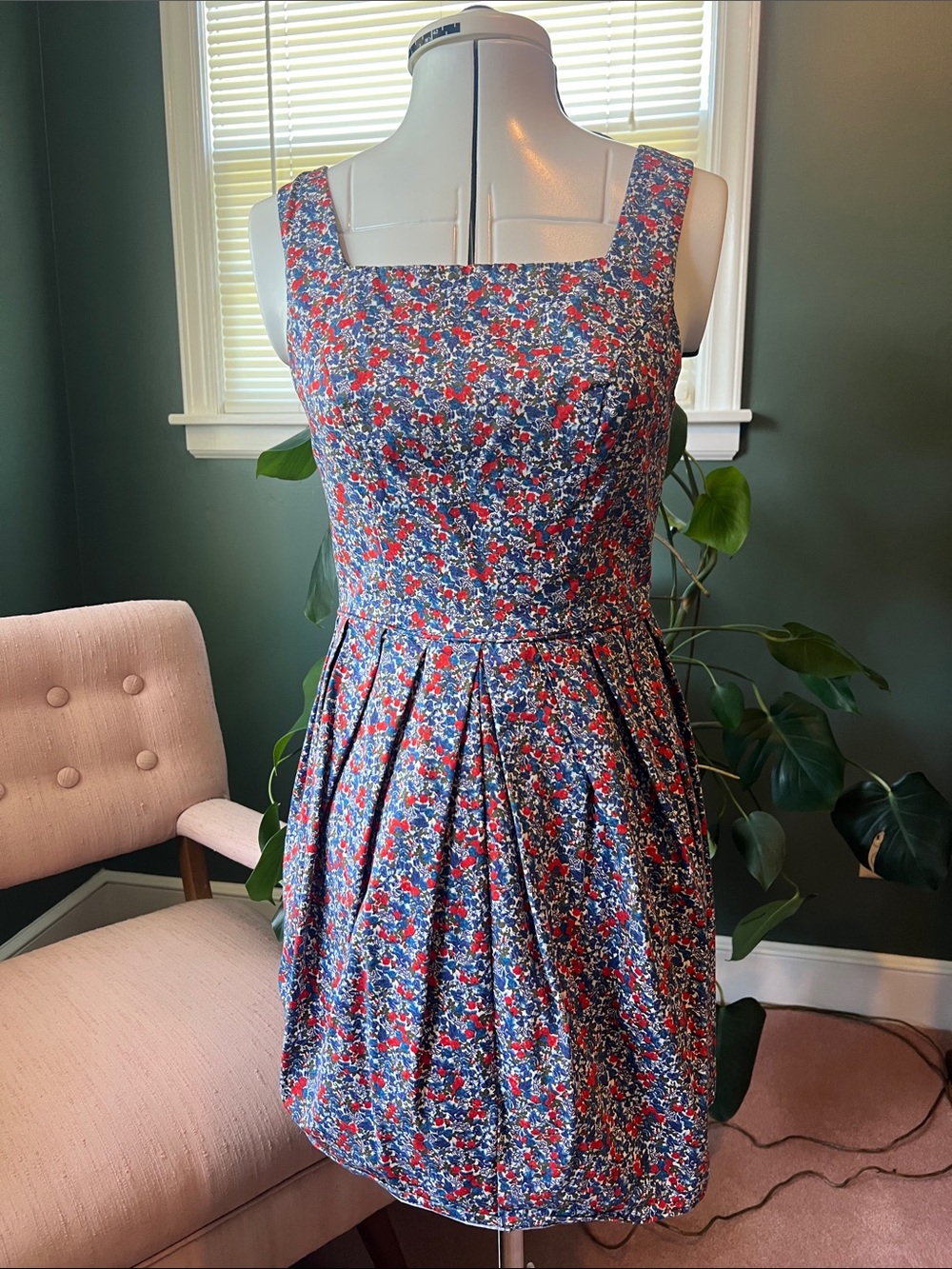 Topshop Strapless Floral Pleated Dress in Red & Blue